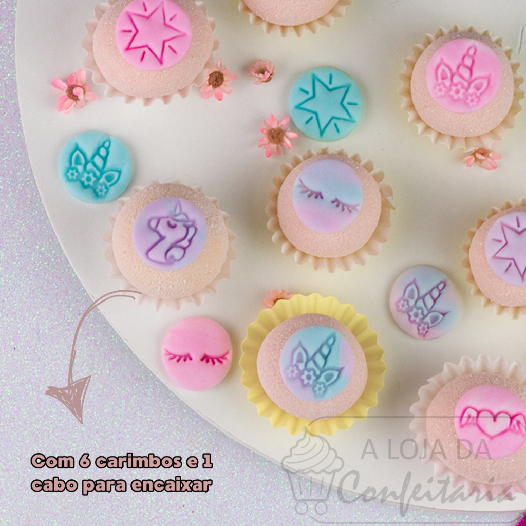 Kit Carimbos Unicórnio 2cm Marcador de Doces e Brigadeiros Blue Star