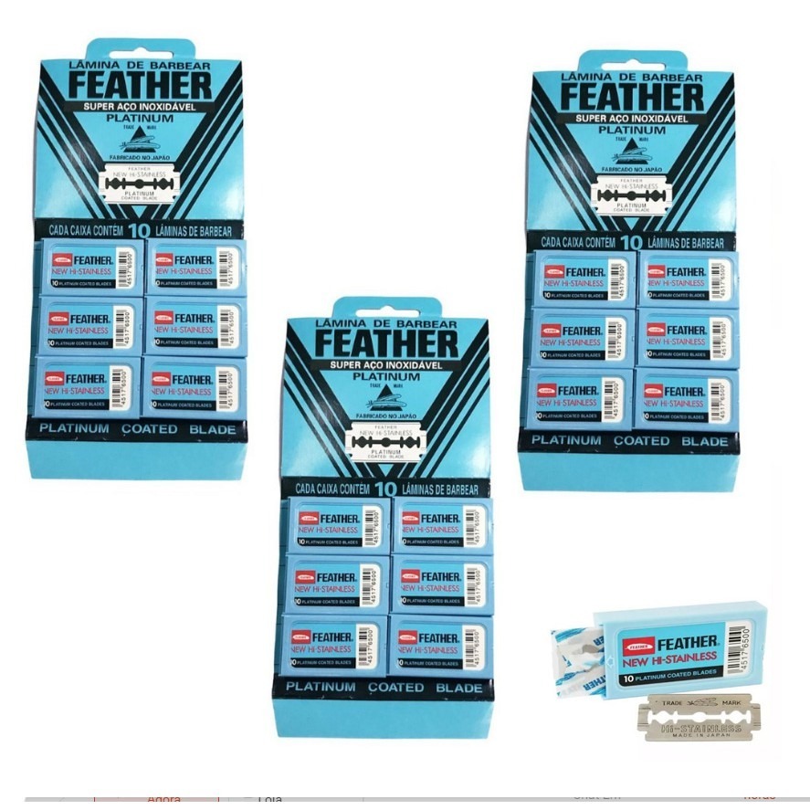 3 Cartelas Lâmina Para Barbear Feather Platinum Aço Inoxidável C/ 60un Cada