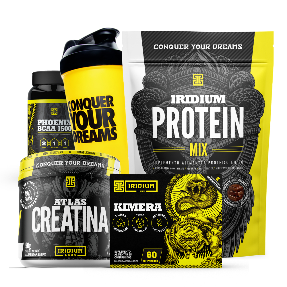 Kit Iridium Whey Protein Mix e Kimera Thermo e Creatina e BCAA e Coqueteleira Copo Único em Oferta na Shopee