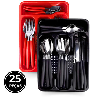 Jogo De Talheres Inox Com 24 Peças Talher + Suporte Gaveteiro Faqueiro Cozinha - Promoção