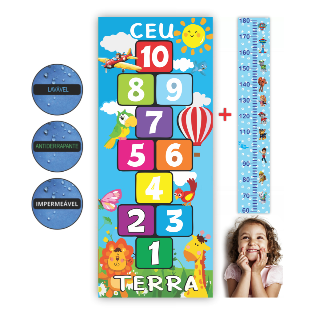 Tapete Amarelinha + Régua de Crescimento Infantil  - Brincadeiras Lúdicas - Atividade de Coordenação Motora -