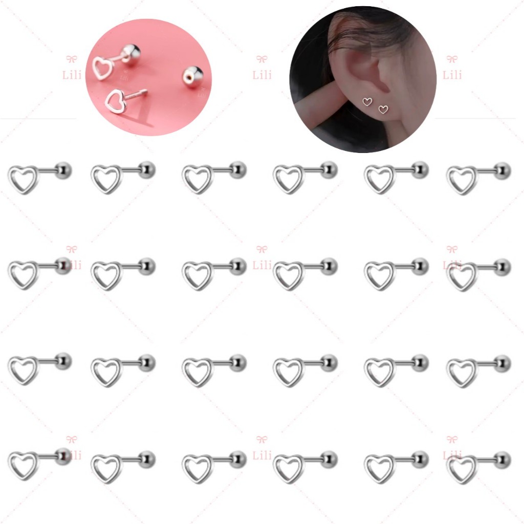 Kit 24 Piercing de Coração ocos, piercing de  orelha aço inox