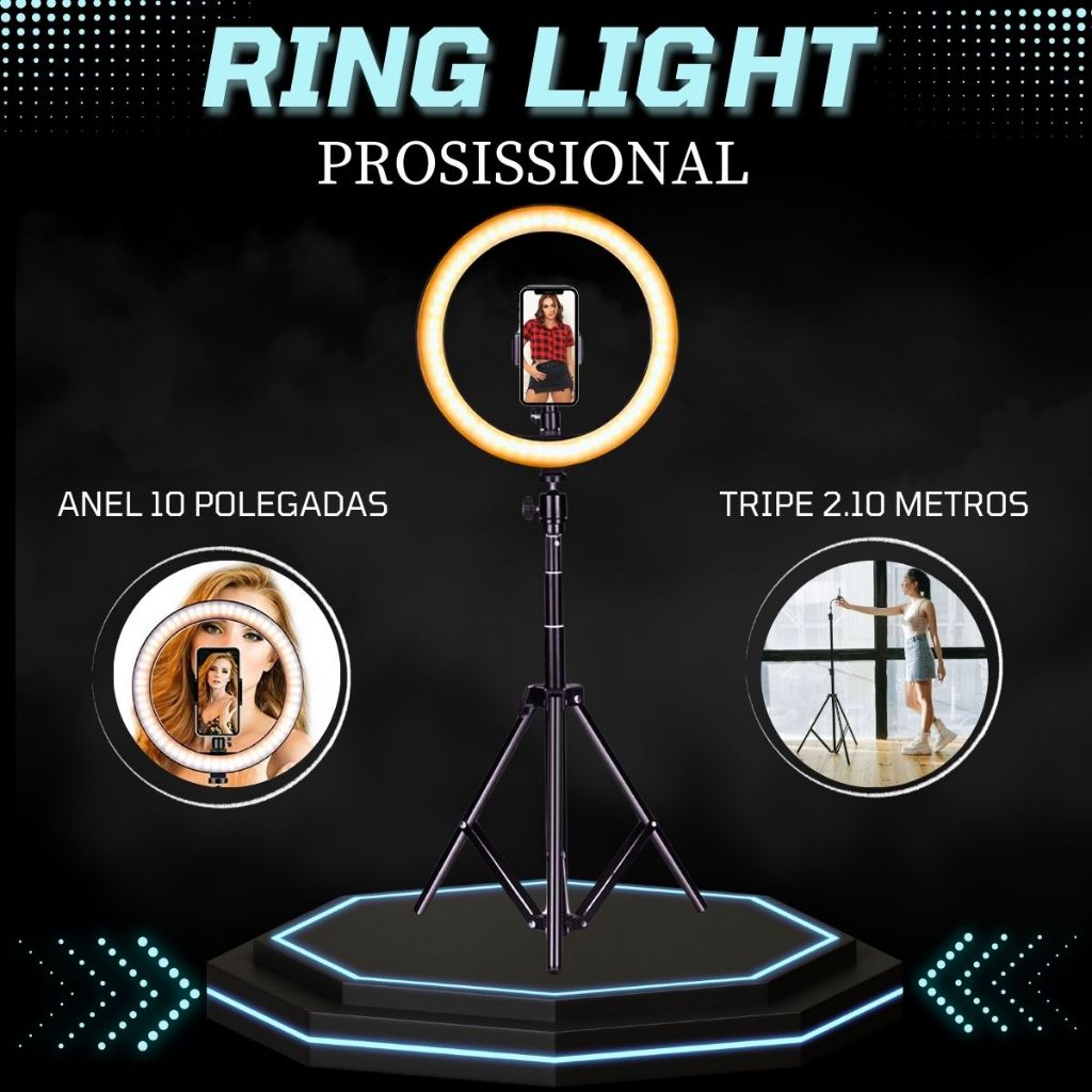 Ring Light Iluminador 10 Polegadas completo 26cm + Tripé 210 Metros