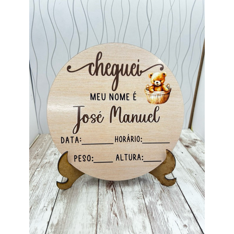 Plaquinha cheguei para Nascimento do bebê tema ursinho