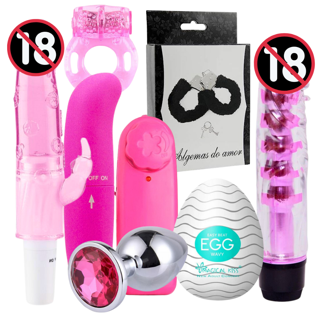 Kit Sex Shop Com Vibrador Feminino, Plug Anal, Masturbador Masculino, Anel Peniano, Algema 08 Itens