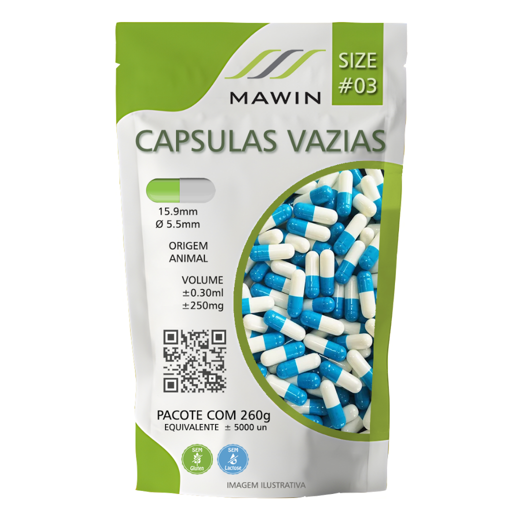 5.000 Capsula Gelatina Vazia N3 - AZUL CLARO - BRANCA - Mawin