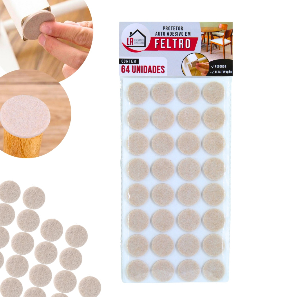 Kit 64 Protetor Feltro Auto Adesivo Protege Pé de Sofá Cadeira Mesa Móveis Anti Ruidos Apartamento