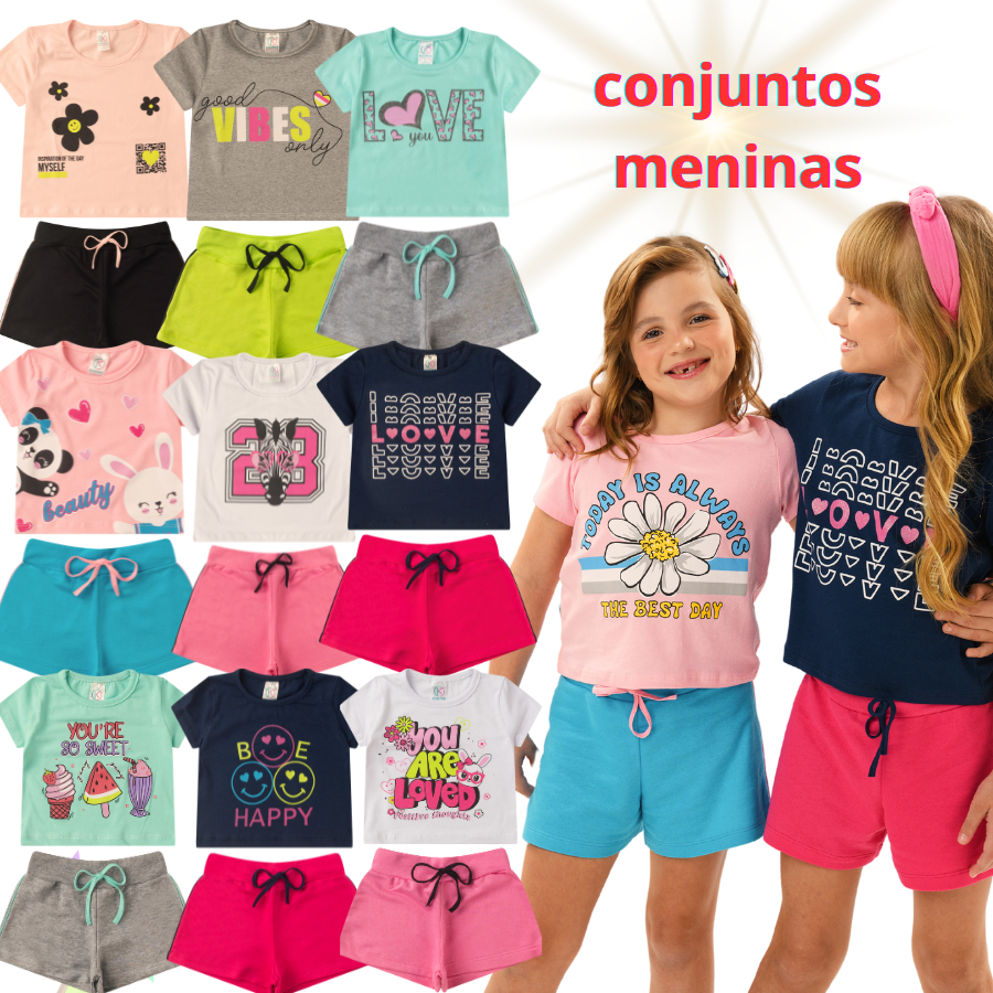 Kit Sortido CROPPED 6 peças de roupa infantil menina 3 blusas + 3 bermudas - Kit com 3 conjuntos de roupa infantil