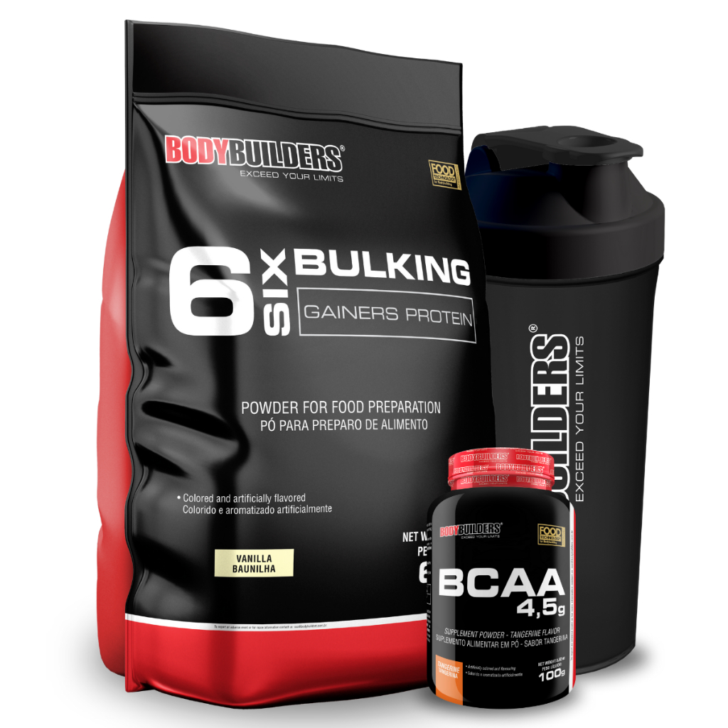 Kit Hipercalórico 6 Six Bulking Protein 6kg + BCAA 4,5 100g + Coqueteleira – Bodybuilders em Oferta na Shopee