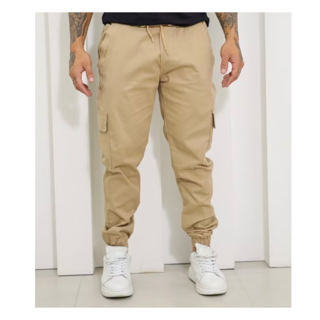 Calça Cargo jeans e sarja Larga Masculina Skate Caqui 6 Bolsos Fechamento Cordão