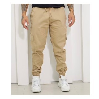 Calça Cargo jeans e sarja Larga Masculina Skate Caqui 6 Bolsos Fechamento Cordão