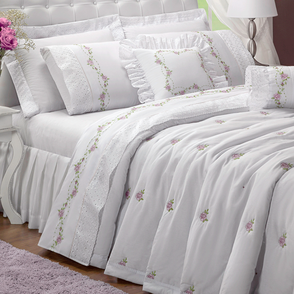 Kit Colcha Cobre Leito Casal Queen Size 100% Algodão Bordado Percal 180 Fios 06 Peças Bouquet