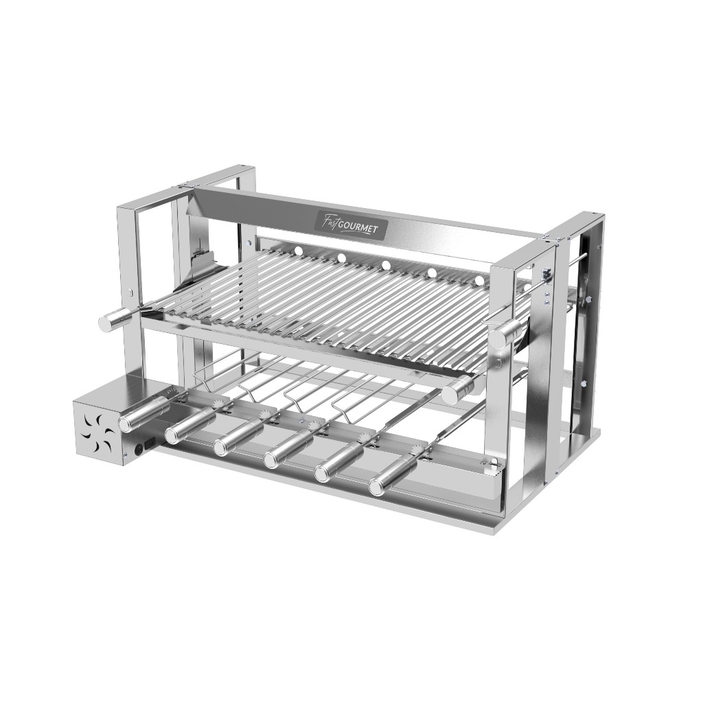 Churrasqueira Inox 430 com Motor 6 Espetos giratórios Grill Elevatório