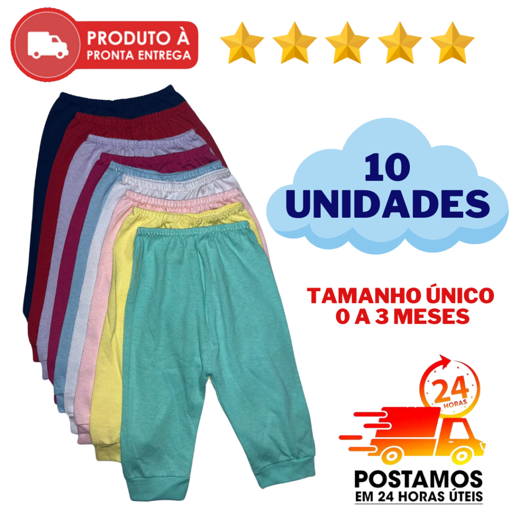 Kit 10 Unidades Mijão Recém Nascido Calça Bebê Sem Pé  Infantil Cores Lisas