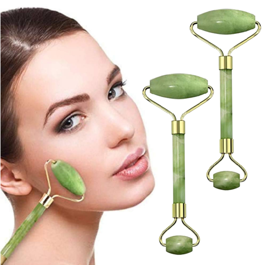 Conjunto Rolinho massageador de rosto e corpo pedra Jade gua sha Antirrugas anti idade - Rolo pedra Jade massagem