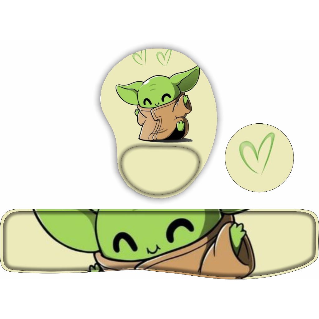 KIT Mouse Pad + Apoio de teclado + porta copos Bebe Yoda