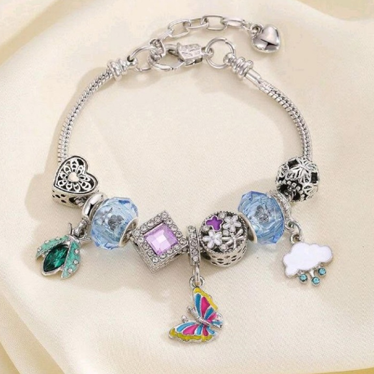 Pulseira Completa Berloques Banhada a Prata Ajustavel