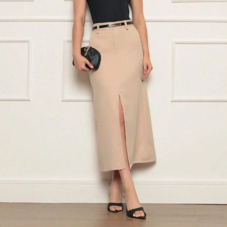 Saia Midi Alfaiataria Com Cinto Com Fenda Bolso Lateral Moda evangélica festa