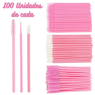 Kit 100 Escovinhas + 100 Microbrush + 100 Aplicador de Batom Alongamento Cilios