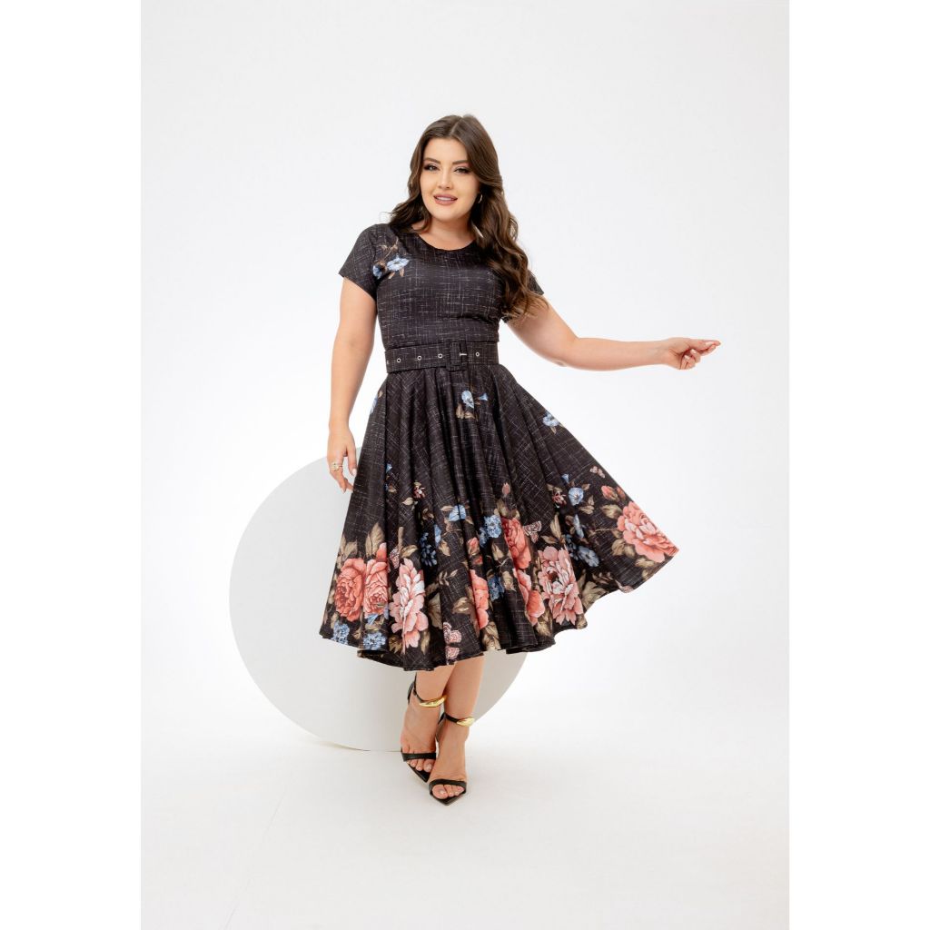 Vestido Midi Chumbo Florido Ref 165 com Cinto Modelo Godê Feminino Modesto