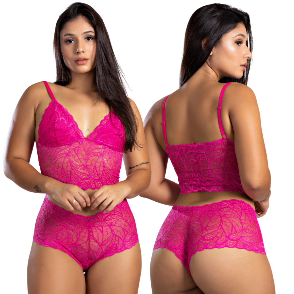 Conjunto Lingerie Espera Marido Plus Size Cropped + Calcinha Calesson Sem Bojo Renda  ( Melina)