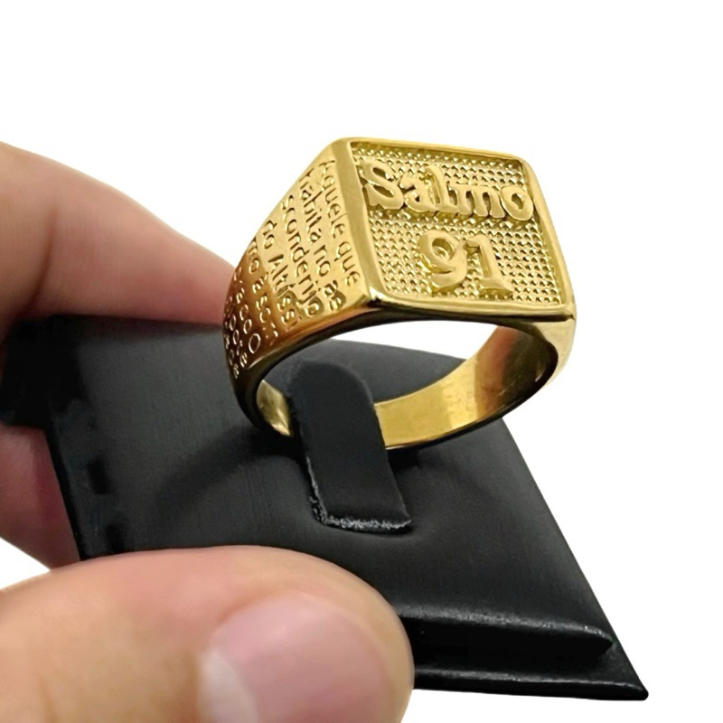 Anel Dedeira Salmo 91 Aço Inoxidavel Dourado Com Caixinha em Oferta na Shopee