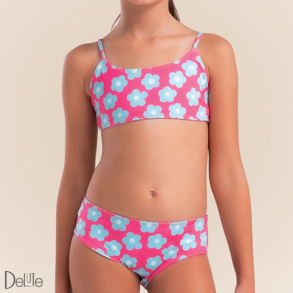 Biquíni She Infantil Estampado Dupla Face com Alça Cruzada Ajustável com Proteção Uv50+ Moda Praia