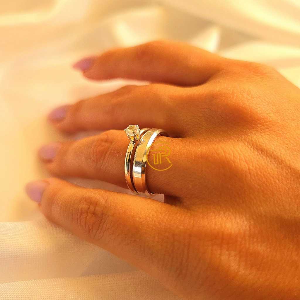 Par anel aliança chanfrada Banhada a Prata 925  4mm  feminina compromisso + 2 anel solitário COD-59