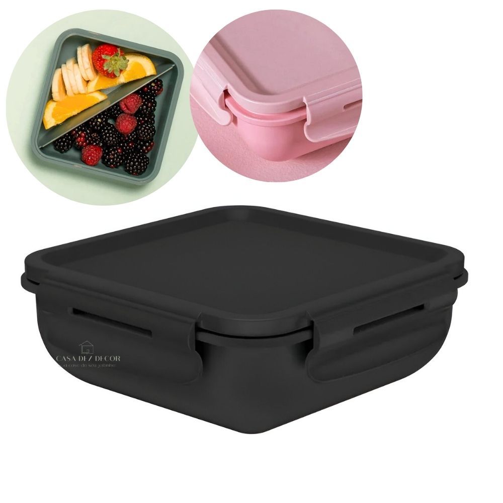 Pote Hermético Com Divisão Marmita Lancheira Hermética Retangular Preto Plástico Vedação Ou BPA Free - Home & Living
