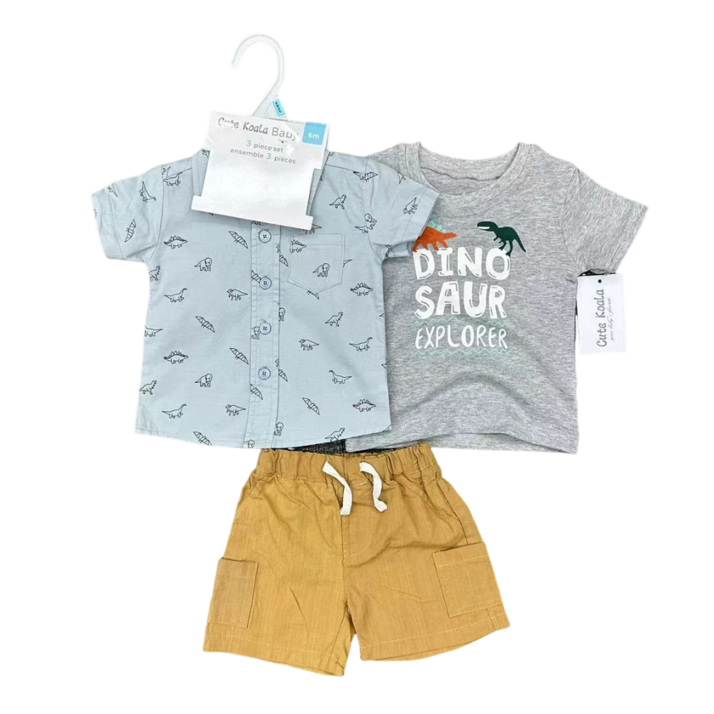 KIT 3 Peças Camiseta Camisa Manga Curta +Calça Short Bebe Menino Masculino Recém Nascido Estampado Dinossauro PMG