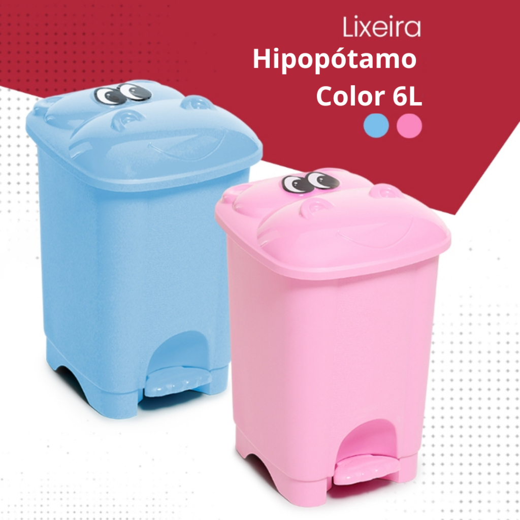 Lixeira Infantil 6L Tampa De Hipopótamo Com Pedal Rosa Azul - Giotto