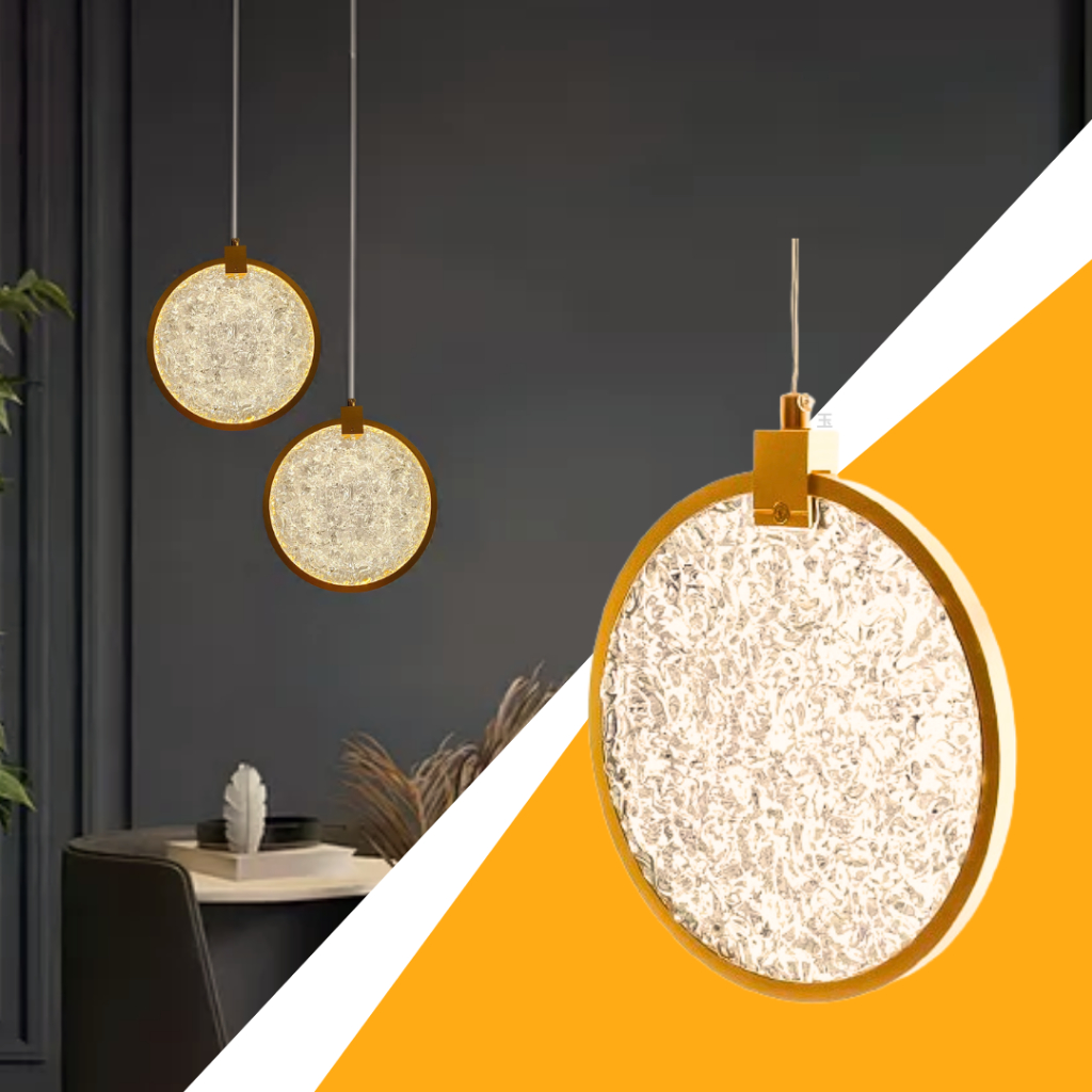 Lustre Pendente LED Redondo Disco de Cristal Dourado com 3 temperatura de cores Luminária de Teto