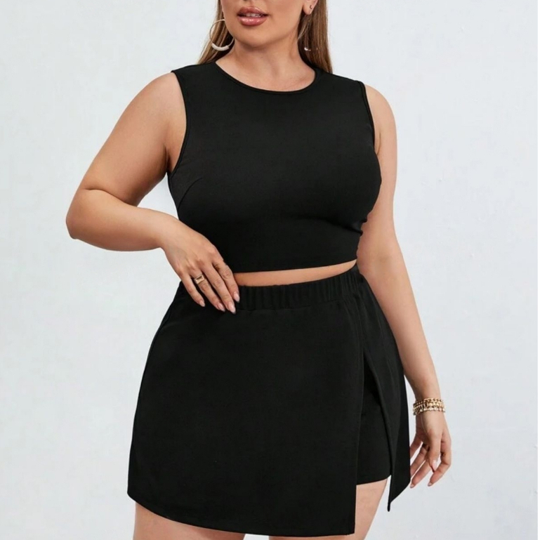 Conjunto Feminino Blusa Cropped Com Short Saia Plus Size - Conjuntinho Plus Curve em Oferta na Shopee