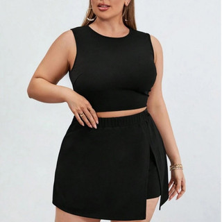 Conjunto Feminino Plus Size Cropped Short Saia Curve Casual Cintura Alta Moda Verão