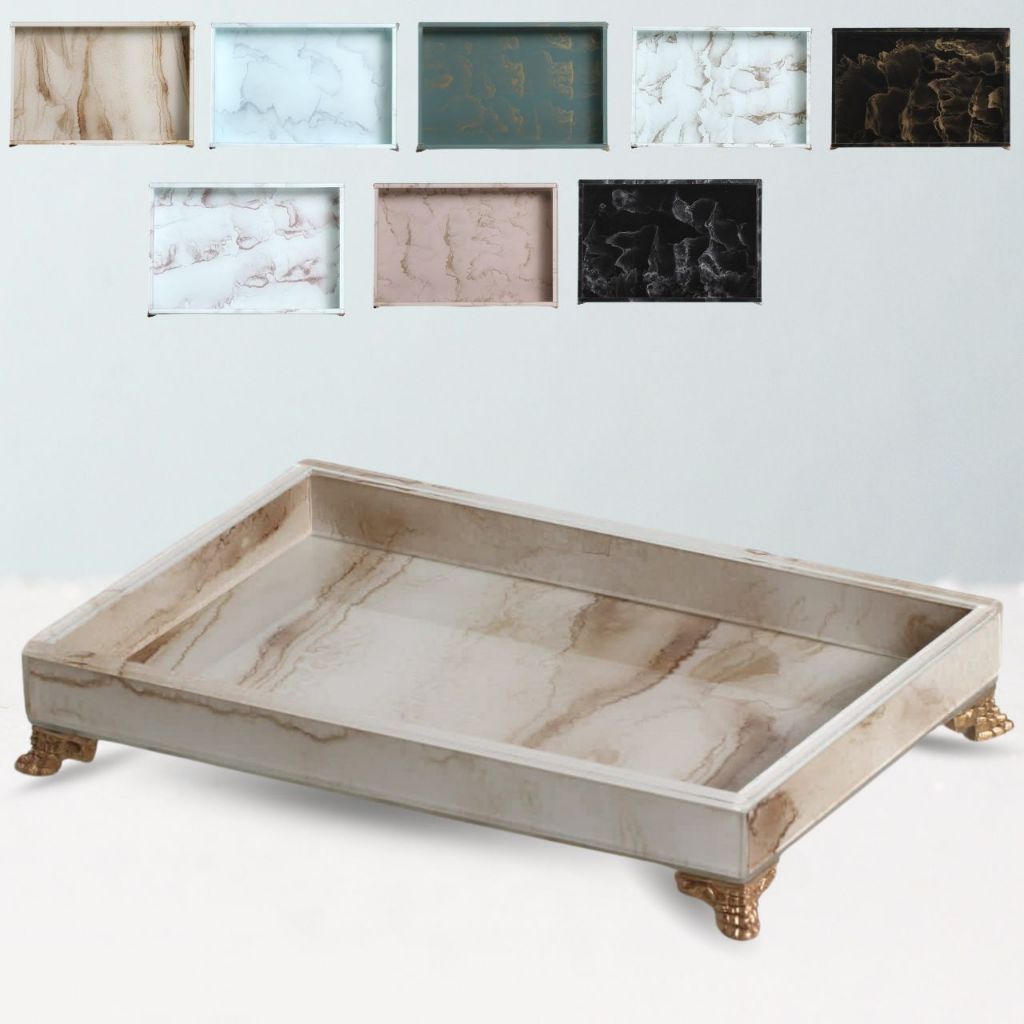 Bandeja de Vidro com Efeito Mármore 30x20 - Bandeja Decorativa