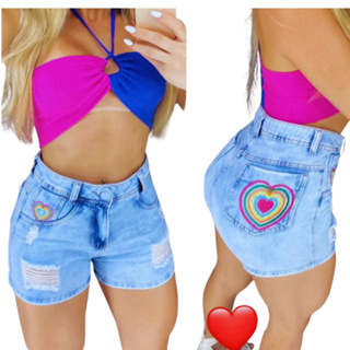 Short Jeans Feminino Meia Coxa Sem Lycra Bordado Coração em Oferta na Shopee
