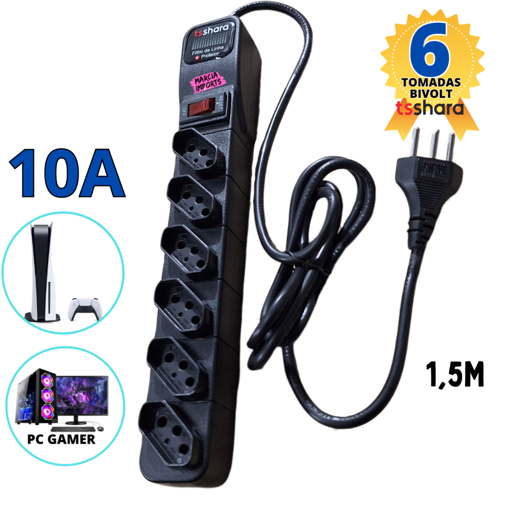 Filtro de Linha 6 Tomadas 10A Bivolt Regua Eletrica da Ts Shara 3 Pinos com Cabo de 1,5Metro