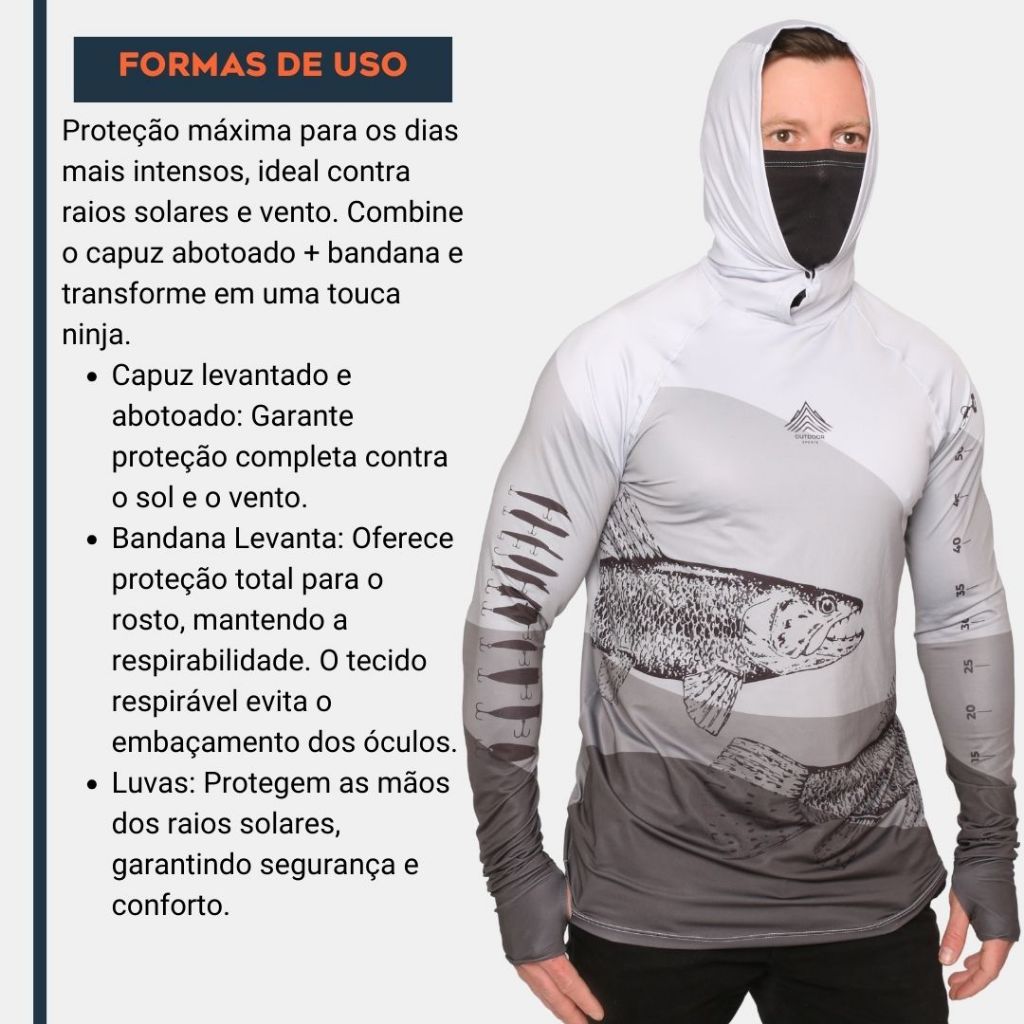 Camiseta Pesca com Proteção UV Camuflada + Kit Luva, Touca e Tubeneck Integrados