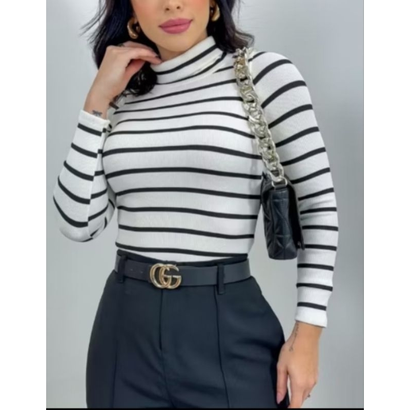BLUSA GOLA ALTA LISTRADA FEMININA MANGA LONGA BLUSA DE FRIO BÁSICA INVERNO RIBANA DE ALGODÃO