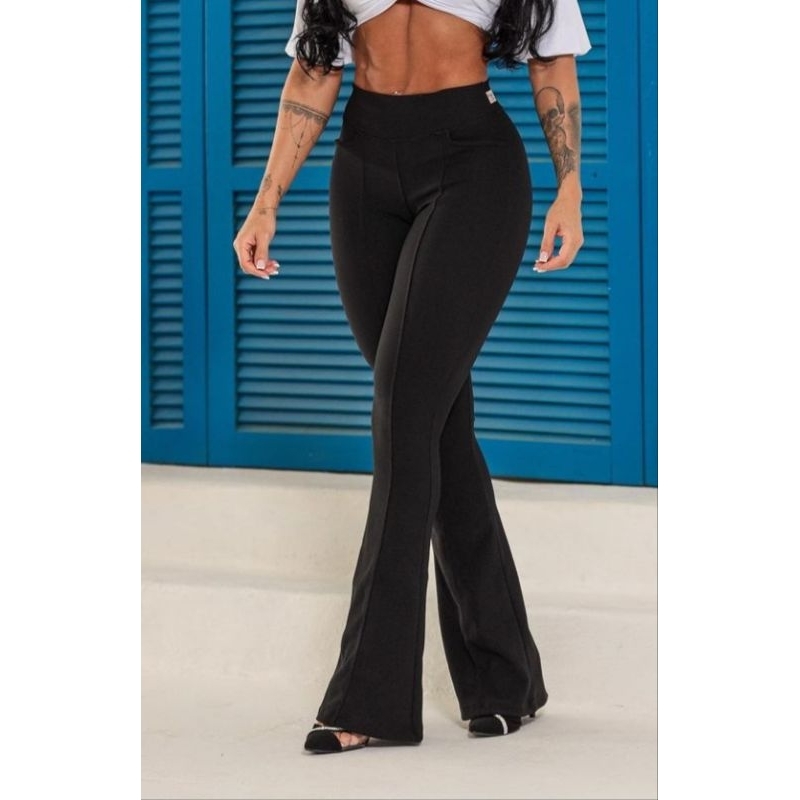 Calça Flare Jacquard Feminina Malha Pop Básica Grossa Bailarina