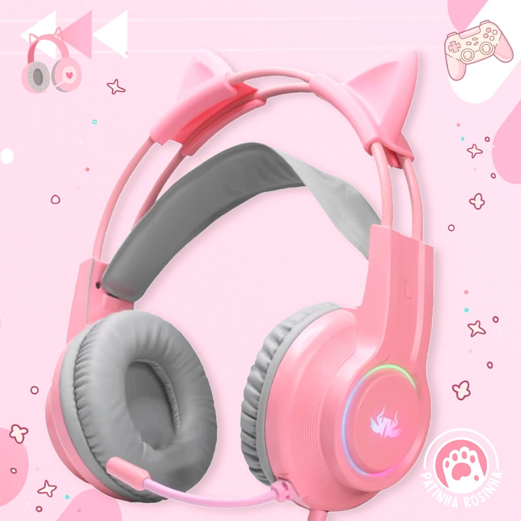 Fone Headset Gamer Led Orelhas Gato Ps4 Xbox Pc Celular Rosa