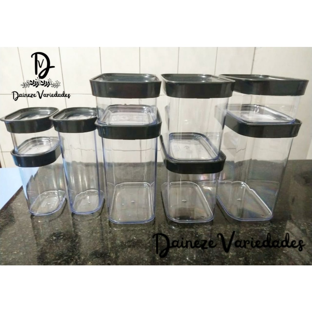 9 Potes Organizadores Herméticos Luxo em Acrílico para Mantimentos e Utilidades Domésticas