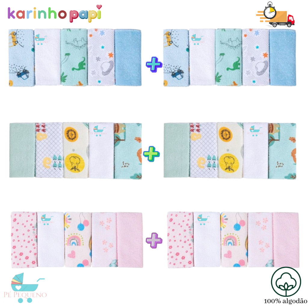 Toalhinha De Boca Papi Karinho Estampada 32x25cm Com 10 Unidades - Enxoval Bebe