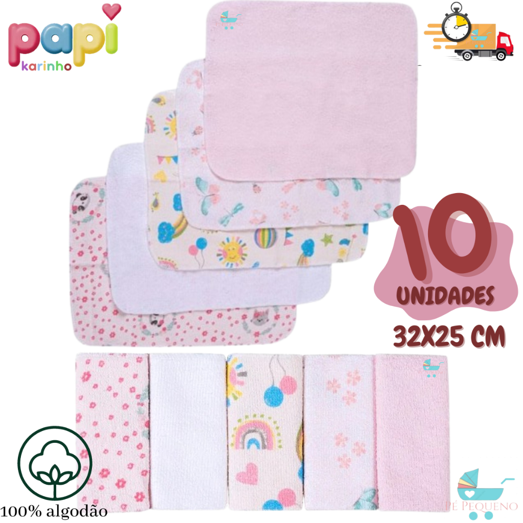 Kit Toalhinha de boca 10 peças higiene bebe enxoval 100% algodão - Papi