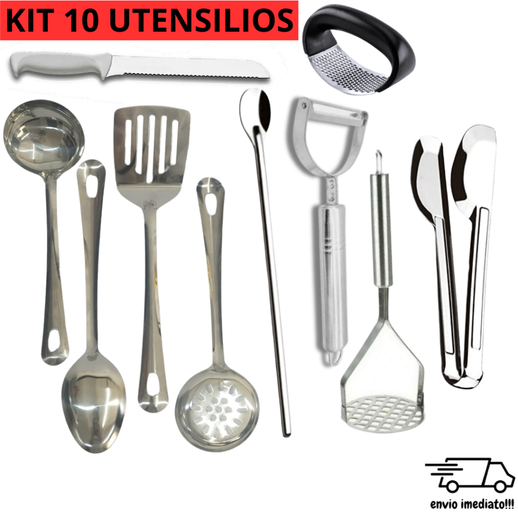Utensilios de Cozinha Inox Kit 10 peças Concha Colher de Arroz Amassador de Batata Alho para Cozinha