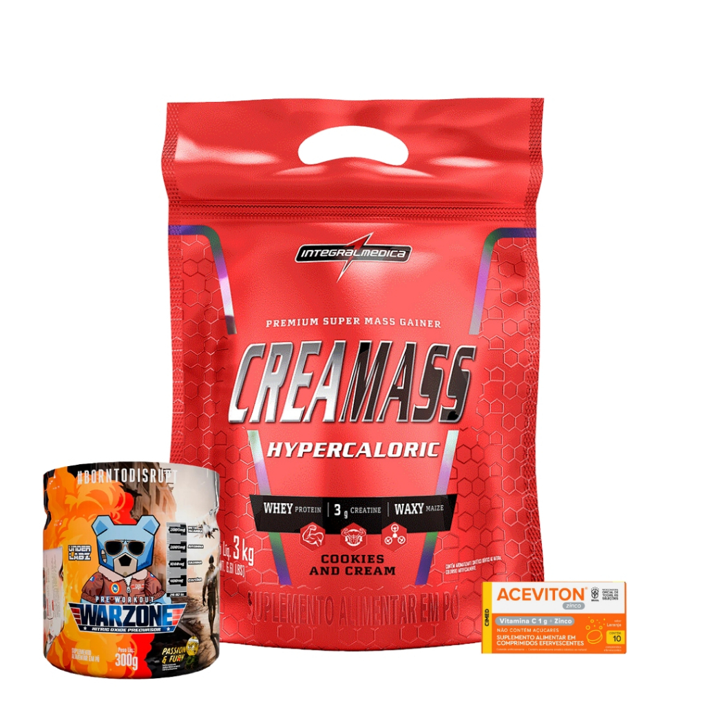 CREAMASS Hipercalorico 3kg Intregralmedica + Pre Treino Warzone Sabor BLOOD BATTLE + Aceviton