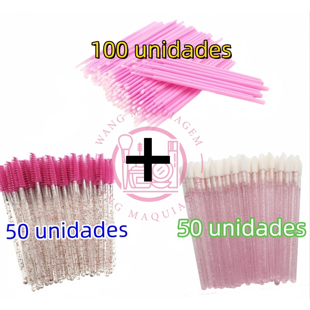 Conjunto Kit 50 Escovinhas + Kit 50 Aplicador de Batom + Kit 100 Escovinhas Limpeza para Cílios