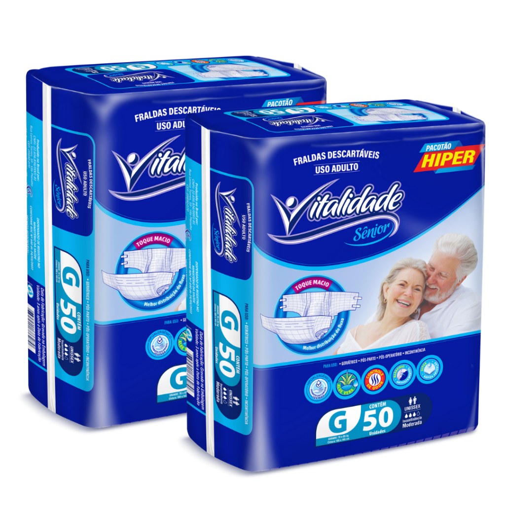 Kit com 2 Pacotes Fralda Descartável Geriátrica Adulto Vitalidade Sênior Direto da Fábrica Barato Revenda