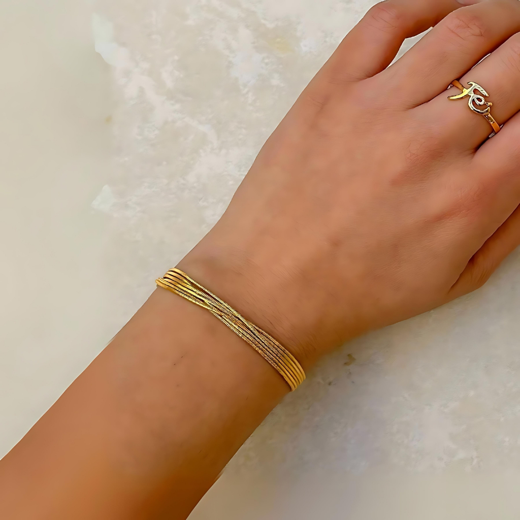 [ SEMI JOIA ] Pulseira Feminina Malha Corda Violão Delicada Banhado a Ouro 18k Alto Padrão