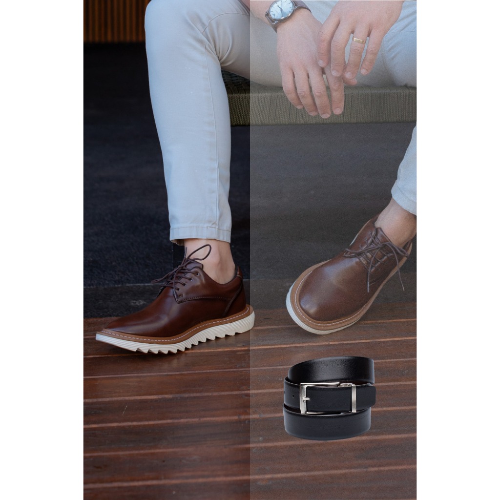 Sapato Social Oxford Luca + Cinto Tratorado Confortável Masculino Social Brogue Moderno